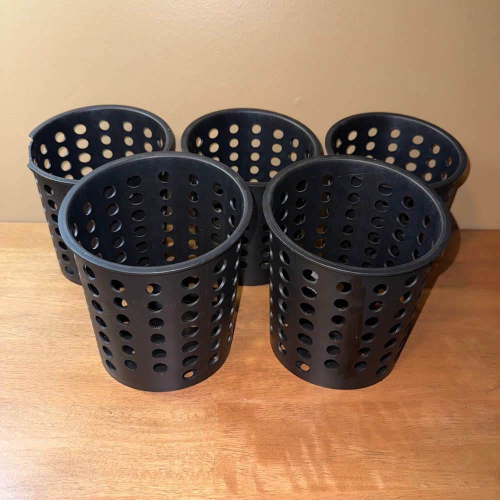 Set of 5 Black Plastic Perforated Utility Cups Desk Organizers 4.5 Inch